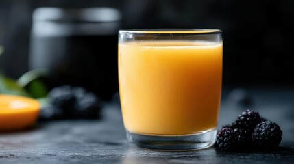 Fresh orange juice with blackberries on a dark surface.