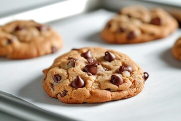 Freshly Baked Chocolate Chip Cookies on a Baking Sheet