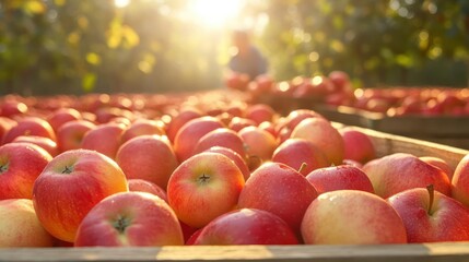 Freshly Harvested Apples in a Wooden Crate at Sunset