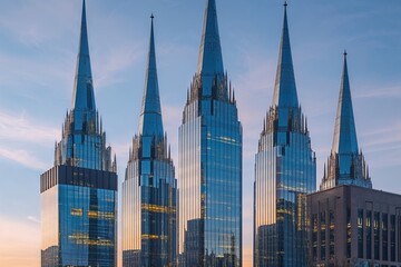 Naklejka premium Majestic Reflective Spires in a Professional Work Hub Building