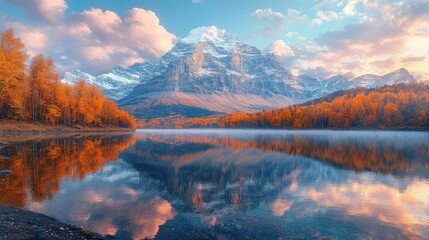 Obraz premium Serene autumn lake nestled amongst snow-capped mountains.