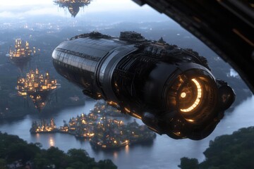 Futuristic Airship Over Floating City