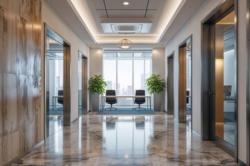 Obraz premium Modern Spacious Office with Sleek Hallway and Ambiance for Business Presentations and Wallpaper Layouts