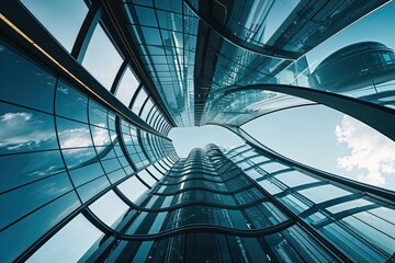 Futuristic Cityscape Featuring Sleek Skyscraper and Curved Glass Architecture from Dynamic Low Angle Perspective