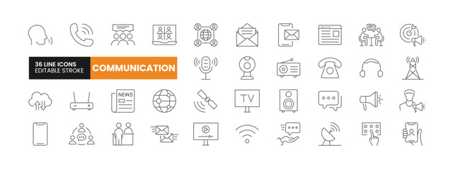 Set of 36 Communication line icons set. Communication outline icons with editable stroke collection. Includes Television, News, Broadcasting, Video Call, Promotion, and More.