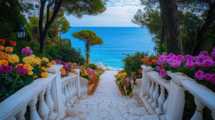 Colorful flowers line a stone staircase descending to a tranquil ocean view
