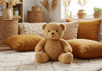 Cozy teddy bear on a soft rug with decorative pillows and natural textures in a warm and inviting indoor environment for children's decor