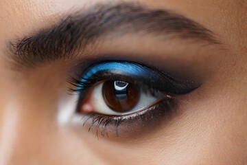 Obraz premium Extreme Close-Up of a Luminous Eye with Metallic Blue Eyeshadow – Glamorous Beauty Shot