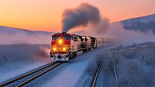 A vibrant sunset scene featuring a powerful train chugging through a snowy landscape