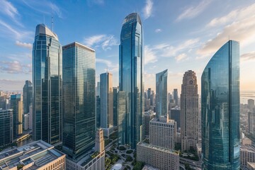 Fototapeta premium Modern Urban Architecture Corporate Buildings and Iconic Glass Skyscrapers in City Skyline