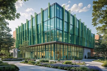 Fototapeta premium Luxury Healthcare Facility Featuring Cascading Glass Facade and Greenish Blue Windows in a Serene Garden Setting