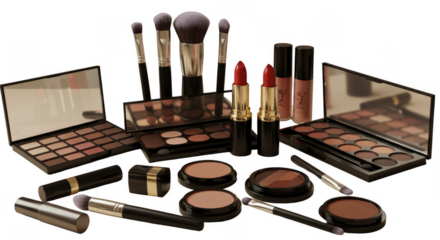Cosmetics Set Isolated with Makeup Palette Brushes and Lipstick in Studio Photo