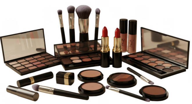 Cosmetics Set Isolated with Makeup Palette Brushes and Lipstick in Studio Photo