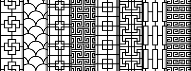 Traditional Chinese pattern set. Seamless geometric backgrounds with lines.