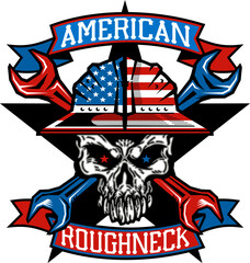 american roughneck skull logo design with hard hat and crossed wrenches