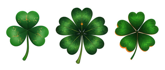 Three vibrant green clovers showcasing different shapes and shades of green.