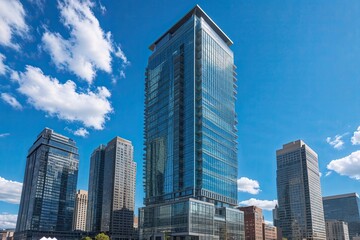 Fototapeta premium Contemporary Skyscraper in City Center Featuring Steel and Glass Architecture Under Clear Blue Sky