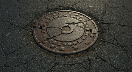 Obraz premium Close-up view of a circular, weathered metal manhole cover with a geometric pattern set into cracked asphalt reflecting ambient light.