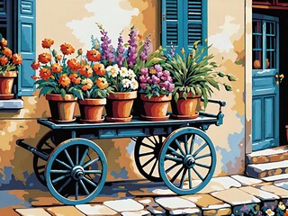 Blue cart with various potted flowers against a building. Colorful and charming scene.