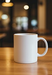 Fototapeta premium A generic mug stands on a wooden table in a blurred cafe setting. The warm lighting highlights the cup and table surface while the background features a soft bokeh effect.