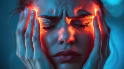 Physical suffering, mental strain: a human being, enduring agony, gripping head, overwhelming pressure, facial grimace, neural condition, stress reaction, chronic pain, unbearable sensation 
