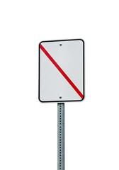 A white rectangular road sign with a diagonal red line on a metallic pole against a clean white backdrop emphasizing restriction in public space.
