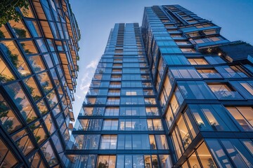 Dynamic Glass Facade in Modern High Rise Residential Tower Showcased from Low Angle Perspective