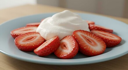 Close-up of sliced strawberries on a dollop of whipped cream