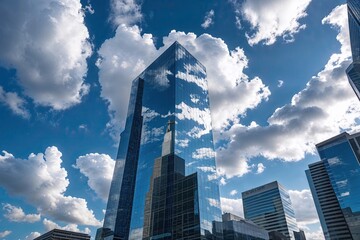 Fototapeta premium Cloud Reflections on Modern Skyscraper in Urban Business District