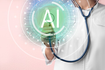 Doctor touching with stethoscope virtual screen against white background, closeup. Artificial...
