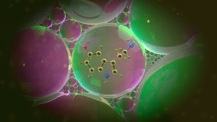 3D render of organic molecule suspended inside colorful translucent bubbles, symbolizing chemical...