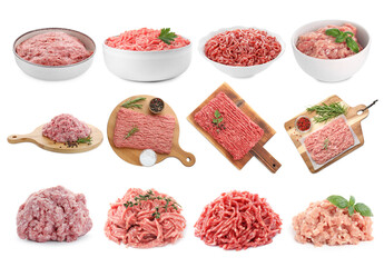 Fresh raw minced meat on white background, collage