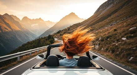 Woman driving convertible on mountain road with vibrant red hair blowing in wind against scenic landscape sunset
