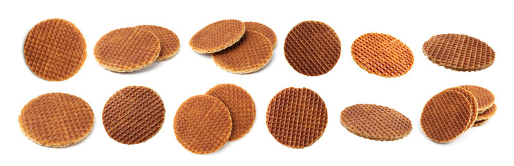 Yummy Dutch waffles isolated on white, set