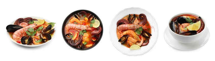 Delicious seafood soup in bowls isolated on white, collage. Top and side view