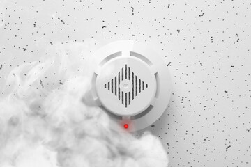 Fire alarm system. Detector on ceiling triggered by smoke, bottom view