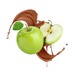 Fresh apples with chocolate splashes in air on white background