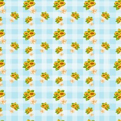 Seamless pattern with summer picnic and Sunflower Bouquet on pastel Blue