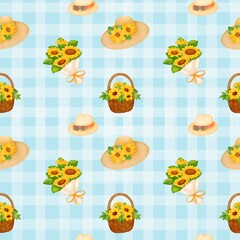 Seamless pattern with summer picnic and Straw Hat on pastel Blue