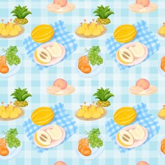 Seamless pattern with summer picnic and fruit Pineapple, Peach and Korean Melon on pastel Blue