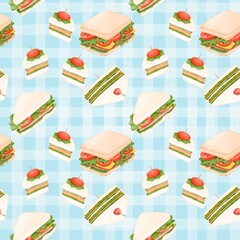 Seamless pattern with summer picnic and Sandwich on pastel Blue