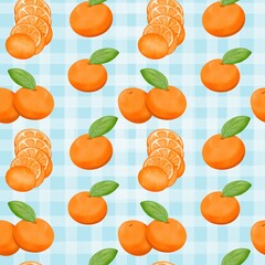 Seamless pattern with summer picnic and Orange on pastel Blue