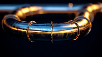 Naklejka premium Modern plumbing service showcasing a new, shiny copper pipeline installation for a heating system, set against a blurred background with space for caption, highlighting minimalism and technical precis