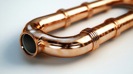 Naklejka premium Modern plumbing service showcasing a new, shiny copper pipeline installation for a heating system, set against a blurred background with space for caption, highlighting minimalism and technical precis
