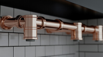 Modern plumbing service showcasing a new, shiny copper pipeline installation for a heating system, set against a blurred background with space for caption, highlighting minimalism and technical precis