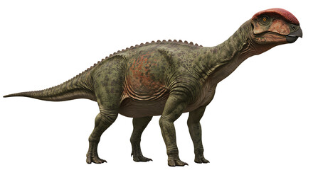 Detailed Illustration of a Hadrosaurid Dinosaur with Red Crest and Beak
