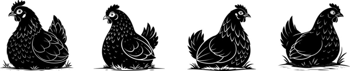 Sitting Hen Silhouettes, Black Chicken Vector Set for Farm Animal and Nesting Illustrations