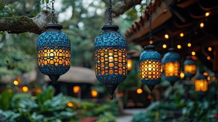 Illuminated Lanterns Hanging Outdoors.