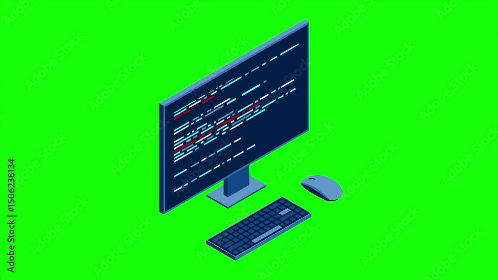 Poster Isometric desktop computer. Coding programming technology. Programming concept. Technology animation