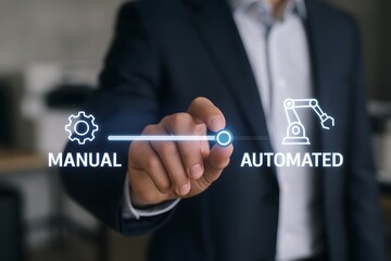 Automation Transition Concept, A person adjusts a slider between manual and automated. Concept of the industry, with focus on technology and innovation.